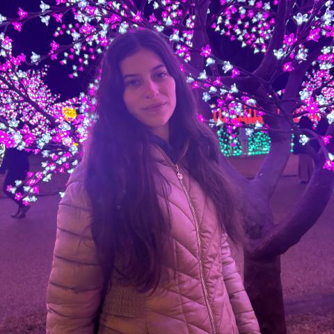 Melana Sheldon wearing a winter coat standing by pink and white lighted tress.