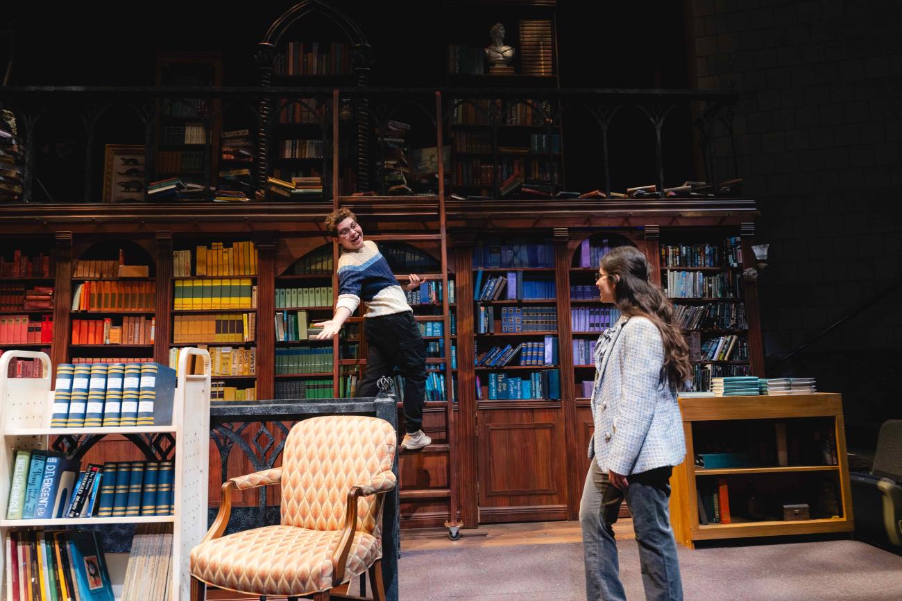 Actor singing to an actress from a bookshelf ladder.