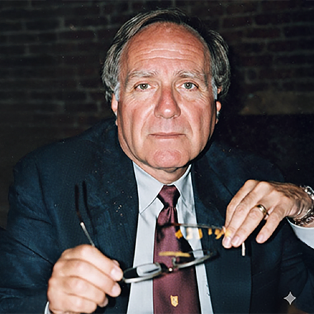 Jeff Milet wearing a suit and tie holding glasses looking at the camera.