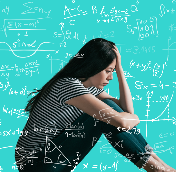 Woman sitting down leaning her head on her arm with a green background.