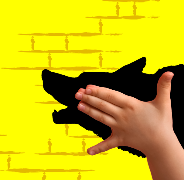 A hand over a wolf with a yellow background.