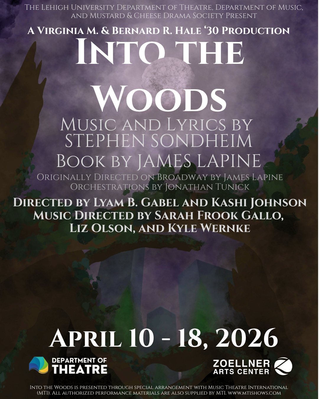 Intro the Woods promotional poster for April 10-18, 2026 presented by Lehigh's Department of Theatre, Department of Music, and Mustard & Cheese Drama Society