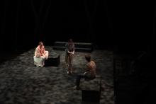 Lehigh University Theatre - Five Flights, three people on black stage