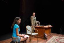 Lehigh University Theatre - Oleanna, man at desk, girl on couch