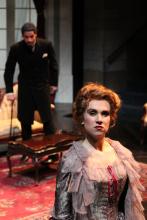 Lehigh University Theatre - The Little Foxes, woman looking up with man behind her